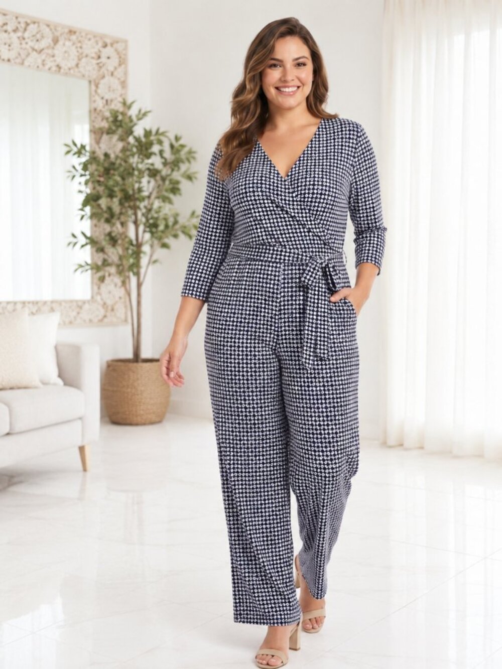 En Focus Studio Navy Blue Faux Wrap Belted Jumpsuit Pockets Size 12